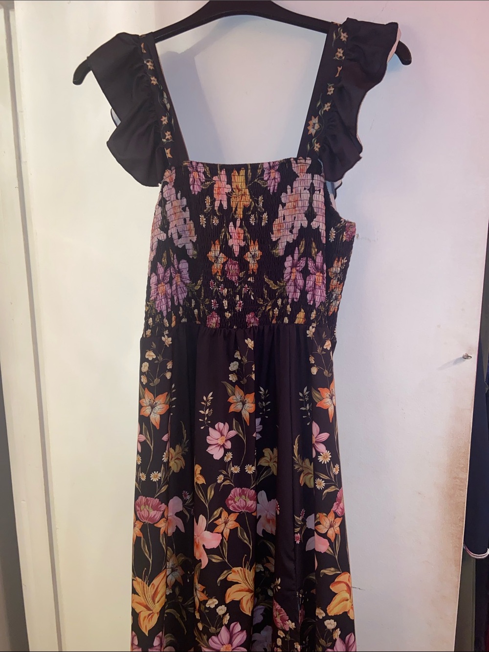 Women Black Floral Smocked Sundress